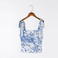 Summer Womens Casual Flower Printed Bow Decorated Slim Camisole