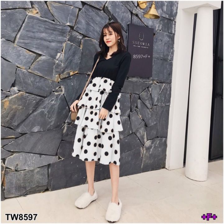 tw8597-dress-ชุดเดรสแขนยาว-ด้านบนเป็นผ้าคอตตอนสีดำ