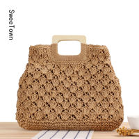 Sweetown Wood Top-handle Handbag Women Summer Beach Straw Bag Large Capacity Casual Travel Bag High Quality Knitting Ladies Bag