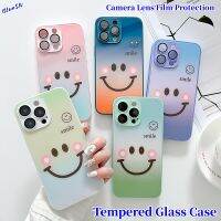 เคสป้องกันกระจกนิรภัยไล่เฉดสีใบหน้าลายการ์ตูนยิ้มสำหรับ iPhone 14 Pro Max 14 Plus 13 Pro 12 11 Pro Max ฟิล์มเลนส์กล้องถ่ายรูปฝาครอบกันกระแทก