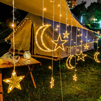 Led Fairy Curtain Lights Moon Stars of String Light Remote Indoor Outdoor Decorative Christmas Eid Mubarak Wedding Decoration
