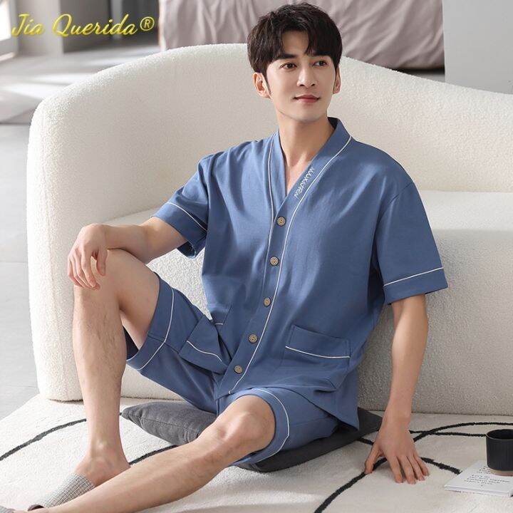 sukae-men-nightwear-home-clothing-summer-shorts-two-pieces-cotton-big-size-3xl-4xl-pajama-v-neck-japanese-kimono-pjs-sleepwear