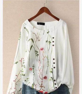 Japanese And Korean Style New Autumn Shirt Womens Loose Cotton Linen Pullover Embroidered Round Neck Top Large Size Pullover White Shirt