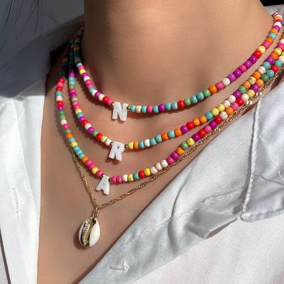 【CW】Fashion Name Initial Shell Letter Beaded Necklace For Women Candy Turquoise Bead Choker Pendant Layered Necklaces Summer Jewelry