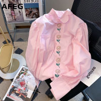 AFEG Pink Elegant Long Sleeve Floral Polo Shirt