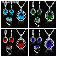 ﹍ Retro 925 Sterling Silver Crystal Pendant Necklace Earrings Jewelry Sets For Women Wedding Fashion Jewelry Wholesale