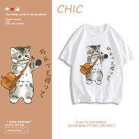 เสื้อยืด CHIC ลูกแมวพิมพ์เสื้อยืดแขนสั้นสำหรับกินปลา สบาย ๆ T0127