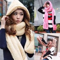 WRAPPE Women Warm Soft Long Hooded Scarf 3 In 1 Pocket Gloves Hats Plush Velvet