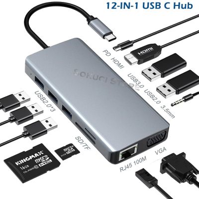 12/9/8ใน1 USB ชนิด C ฮับชนิด C-C ถึง4K HDMI-เข้ากันได้ตัวรับ VGA RJ45 Lan อีเทอร์เน็ตการ์ดความจำ PD 3.5มม. เสียง/ไมโครโฟนสำหรับ Macbook Pro