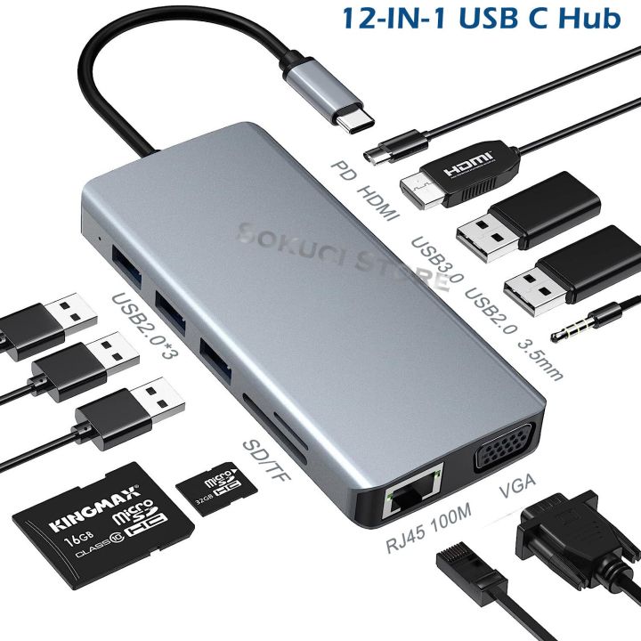 12-9-8ใน1-usb-ชนิด-c-ฮับชนิด-c-c-ถึง4k-hdmi-เข้ากันได้ตัวรับ-vga-rj45-lan-อีเทอร์เน็ตการ์ดความจำ-pd-3-5มม-เสียง-ไมโครโฟนสำหรับ-macbook-pro