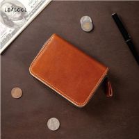 LEACOOL Genuine Leather Men Wallet Vintage Real Cowhide Wallets Handmade Men Women Purse ID Card Holder With Zipper Coin Pocket