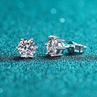 KNOBSPIN Moissanite ต่างหูเม็ดกลม14K ชุบทองคำขาวเงินสเตอร์ลิงเครื่องประดับรูปตัว D VVS1แล็บเพชร6กรงเล็บกลมตุ้มหูสำหรับผู้หญิง