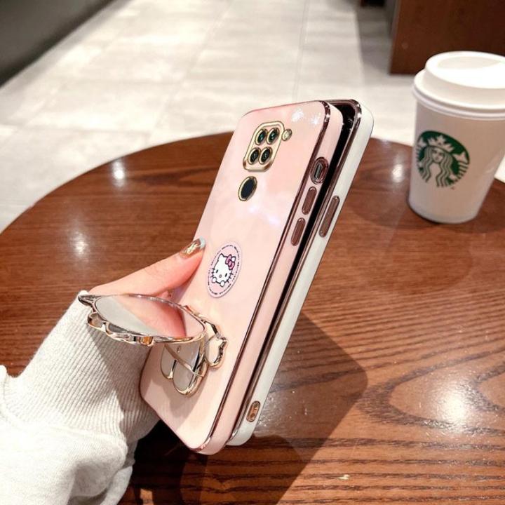 folding-makeup-mirror-phone-case-for-xiaomi-redmi-note-9-4g-case-fashion-cartoon-cute-cat-multifunctional-bracket-plating-tpu-soft-cover-casing