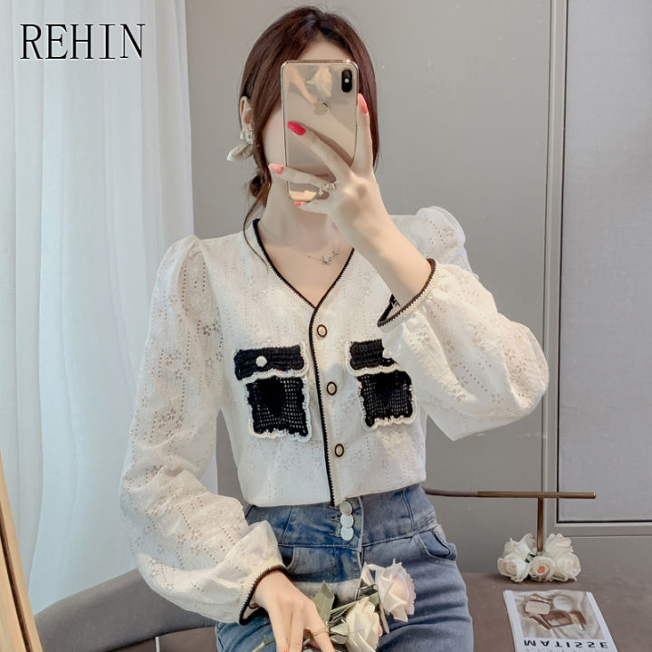 rehin-ของผู้หญิงฤดูใบไม้ร่วงใหม่ลูกไม้ขนาดเล็กเย็บเสื้อแขนยาวชนกระเป๋าออกแบบคอวีเสื้อหรูหรา