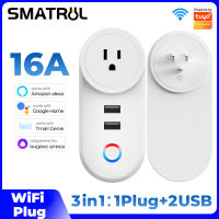 SMATRUL ปลั๊ก Us Wi-Fi Tuya อะแดปเตอร์ USB 16A เต้าเสียบอะแดปเตอร์ชาร์จด้วยเสียงแบบดั้งเดิมปลั๊กอเนกประสงค์เต้าเสียบไฟ + 2พอร์ต USB สวิตช์ความปลอดภัยเครื่องแปลงที่ชาร์จรูเสียบสมาร์ทแอปไฟฟ้าสำหรับ Google Home Alexa