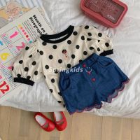 COD Korean childrens clothing cute polka dot fresh top Korean exquisite embroidered bear girls T-shirtPCS