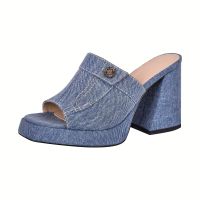 onlcicn Womens Buckle Decor Platform Sandals, Slip On Peep Toe Denim Pattern Solid Color Shoes, Summer Chunky Heel Sandals