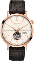 Bulova Mens Classic Automatic Aerojet Strap Watch with Open Aperture Rose/Brown Strap