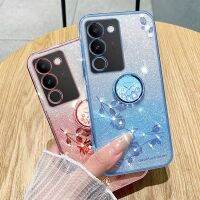 V29เคสสำหรับ VIVO โทรศัพท์มือถือ5G X90 Pro 2023สีชมพูม่วงดอกไม้แวววาวปลอกโทรศัพท์มือถือกากเพชรส่องแสงเป็นประกายวิบวับนิ่มพร้อมฝาครอบโทรศัพท์ที่วางที่ตั้งแหวน