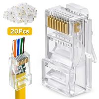 ขั้วต่อผ่าน Cat6 RJ45 10/20ชิ้นชุบทองขั้วต่อแบบจีบสายเคเบิลอีเทอร์เน็ต8P 8C หัวปลั๊กสายเครือข่าย UTP ปลั๊กสำหรับสายไฟมาตรฐาน