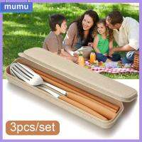 MUMU 3pcs กลางแจ้ง แบบพกพา ส้อม สแตนเลส กล่องเก็บของ ช้อน เครื่องใช้บนโต๊ะอาหาร เครื่องใช้ในครัว ชุดช้อนส้อม ชุดจานรอง