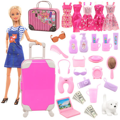 BARWA 32 Items Travel Furniture Accessories Dress Suitcase Dog Sunglass Computer for Barbie Doll Accesorios Kids Toys for Girl