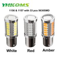 YHKOMS ไฟ BA15S สีเหลืองอำพันเลี้ยว1156 5630 33 LED สีขาว12V 1157ไฟเบรก7528 LED สีแดง8W 450LM หลอดไฟสำรอง S25ด้วย