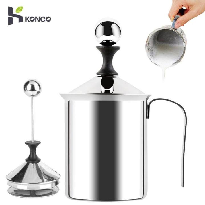400cc 304 Stainless Steel Manual Milk Frother Foamer Hand Pump Frother  Mixer Coffee Foam Pitcher with Handle Stirrer for Coffee Latte Art
