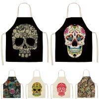 1Pcs Skull Pattern Kitchen Apron for Cooking Sleeveless Cotton Linen Aprons Adult Bibs Home Cleaning Accessories 53*65cm MC0026