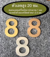 ตัวเลขบ้านเลขที่ สูง 20 ซม. สแตนเลสแฮร์ไลน์เกรด 304 รองหลังด้วยอะคริลิคดำหนา 2.5 มม. หนารวม 3.5 มม.