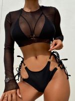 3 Pack Halter Triangle Bikini 2023 Swimsuit Solid Mesh Top Ring Link Swimwear Female Sexy Bathing Suit Swimming Summer Beachwear