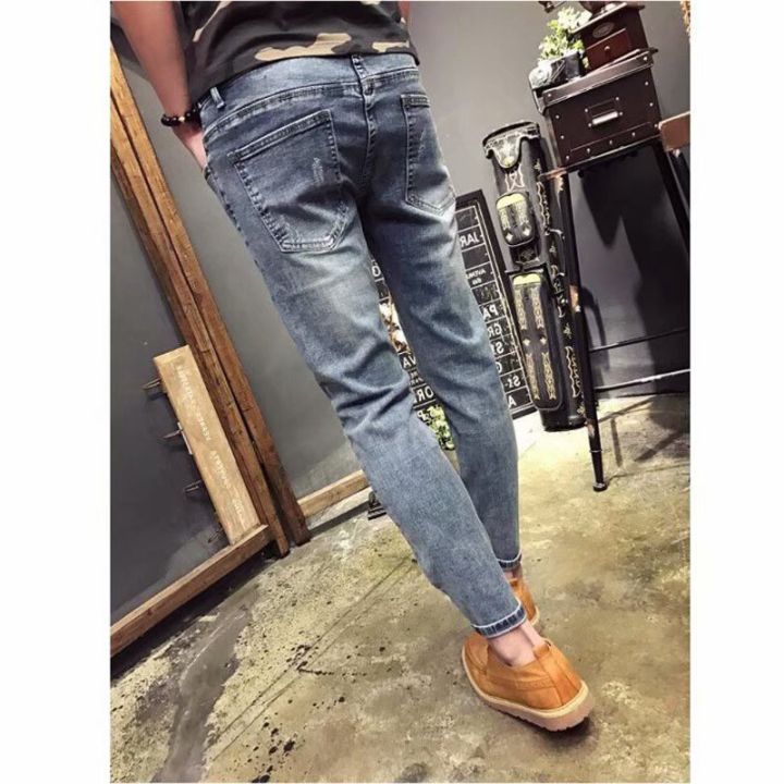 ins-fashion-jeans-man-ninth-slim-a35-กางเกงยีนส์ชาย-กางเกงยีนส์ลายขาด-แฟชั่น-ทรงเข้ารูป-5-ส่วน