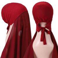 【YF】 NEW Popular Bubble Solider Color Heavy Chiffon Hijab With Bonnet Elastic Rope Free Use Style Shawls