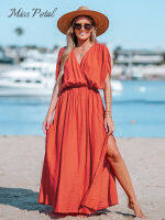 Orange Surplice Ruched Maxi ชุดผู้หญิงเซ็กซี่ Elasticized เอวแขนสั้นยาว A-Line Beach Dress 2023ฤดูร้อน Sundress