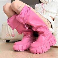 Rose Red Waterproof Rain Boots Women Thick Sloe Elastic Band Winter Girl S Long Boots Female Trend Lovely Punk Round Toe Shoes ~