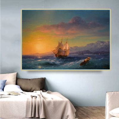 Citon Canvas Oil Painting Ivan Aivazovsky《Ship at Sunset off Cap Martin》Artwork Poster Picture Modern Wall Decor Home Decoration