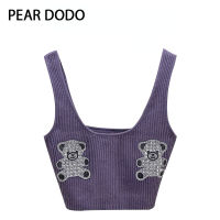 PEAR DODO เสื้อสายเดี่ยวลายหมีถักแบบเกาหลีสำหรับผู้หญิงวินเทจ