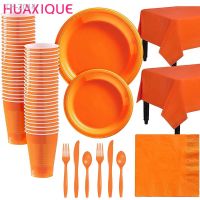 ۩ Pure Orange Party Set Disposable Tableware Plastic Plates Cups Napkin Tablecloth Baby Shower Wedding Kids Birthday Party Decor