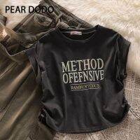 PEAR DODO เสื้อยืดแขนสั้นพิมพ์ลายตัวอักษรสำหรับผู้หญิงคอกลมเกาหลี