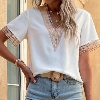 Casual Loose Short Sleeve Blouse Fashion Women V Neck Chiffon Shirts Splicing Lace Tops Summer Female Blusas Elegant 21064