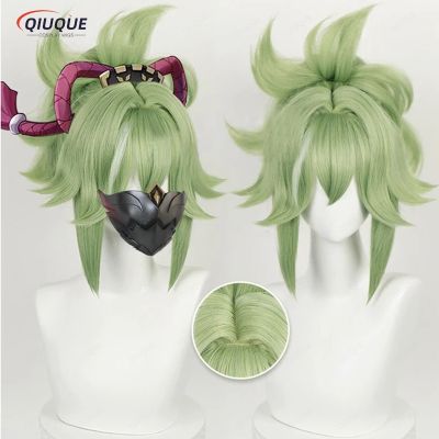 Kuki Shinobu Cosplay Wig Game Genshin Impact Light Green Heat Resistant Synthetic Hair Clip Ponytail Wigs+ Wig Cap + Mask