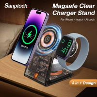 Sanptoch แท่นชาร์จแท่นชาร์จแม่เหล็กไร้สายแบบใส3 In 1แท่นชาร์จ Qi Fast 15W สำหรับ iPhone 15/14/13/12 Pro Max พัดลมพกพา Series,นาฬิกา Apple 8/7/6/5/4/3/2,airpods Pro2/โปร/3rd