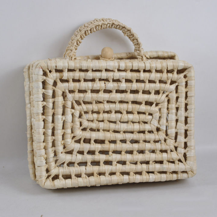 pink-memoryportable-small-square-box-simple-natural-pastoral-wind-straw-bag-square-hand-woven-hollow-beach-bag