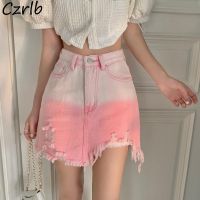 【CW】 Pink Gradient Skirts Denim Tassel Ripped Waist Streetwear Y2k Irregular Faldas Korean