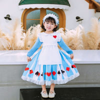 Cute Girls Cotton Blue and White Long Sleeve Dresses for Kids Halloween Maid Cosplay Costumes Heart Pattern Lolita Lace Dress