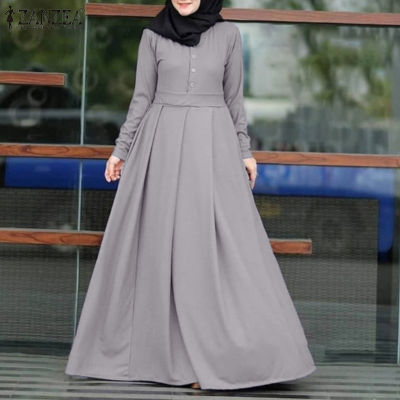 (เคลียร์สต๊อกขาย)(จัดส่งฟรี) Fancystyle ZANZEA Muslimah ผู้หญิงมุสลิมเต็มแขน Abaya Maxi Dress วินเทจคอกลมพรรคชุด A-Line