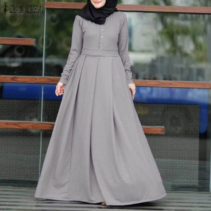 เคลียร์สต๊อกขาย-จัดส่งฟรี-fancystyle-zanzea-muslimah-ผู้หญิงมุสลิมเต็มแขน-abaya-maxi-dress-วินเทจคอกลมพรรคชุด-a-line