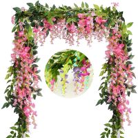 2M Wisteria Artificial Flowers Vine Garland Fake Plants Foliage Rattan Trailing Faux Flowers Ivy Wall Wedding Arch Decoration Nails Screws Fasteners