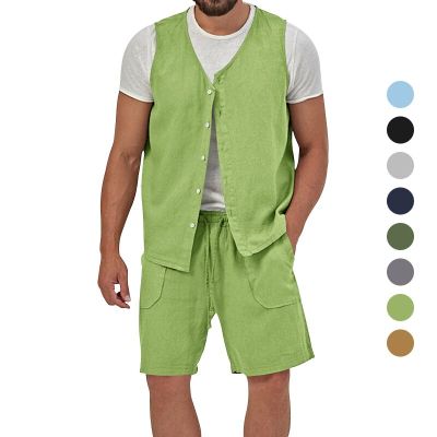 2023 Summer Cotton and Linen Suit mens Casual Sports Fashion Loose Sleeveless Cardigan Shorts Quick-drying Two-piece Suit