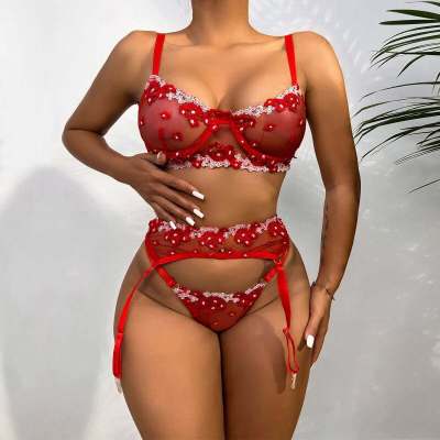 2023 Korean Floral Embroidered Sexy Costumes Lace Underwear Femme Intimates 3 Piece Mesh Lingerie Women See Through Underwire Bra Pant